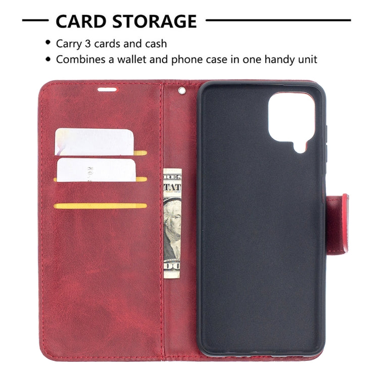 For Samsung Galaxy A12 Retro Lambskin Texture Pure Color Horizontal Flip PU Leather Case with Holder & Card Slots & Wallet & Lanyard(Red) by buy2fix