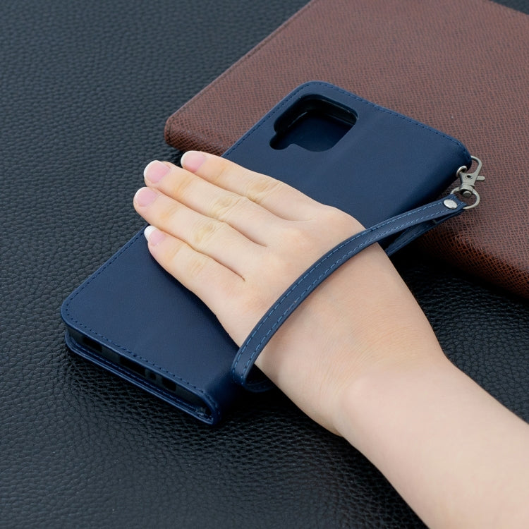 For Samsung Galaxy A12 Retro Lambskin Texture Pure Color Horizontal Flip PU Leather Case with Holder & Card Slots & Wallet & Lanyard(Blue) by buy2fix