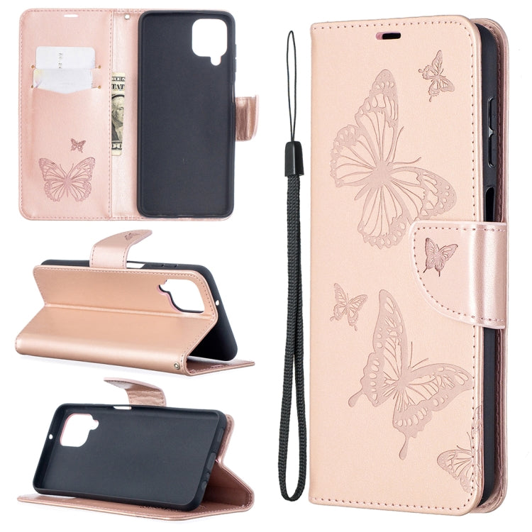 For Samsung Galaxy A12 Two Butterflies Embossing Pattern Horizontal Flip Leather Case with Holder & Card Slot & Wallet & Lanyard(Rose Gold) by buy2fix