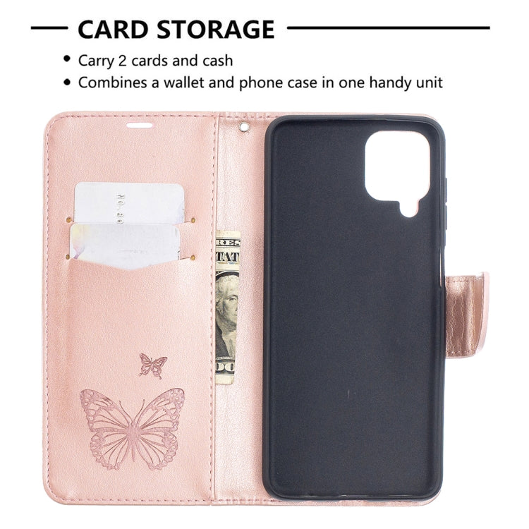For Samsung Galaxy A12 Two Butterflies Embossing Pattern Horizontal Flip Leather Case with Holder & Card Slot & Wallet & Lanyard(Rose Gold) by buy2fix