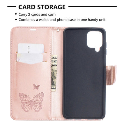 For Samsung Galaxy A12 Two Butterflies Embossing Pattern Horizontal Flip Leather Case with Holder & Card Slot & Wallet & Lanyard(Rose Gold) by buy2fix