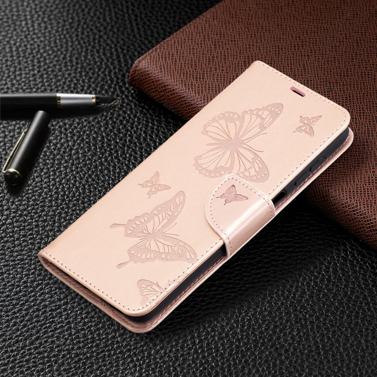 For Samsung Galaxy A12 Two Butterflies Embossing Pattern Horizontal Flip Leather Case with Holder & Card Slot & Wallet & Lanyard(Rose Gold) by buy2fix