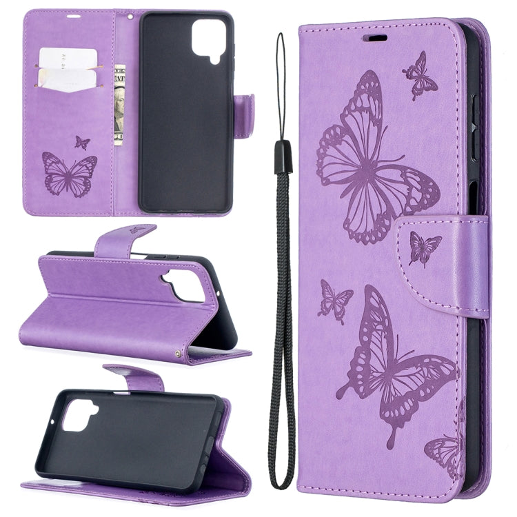 For Samsung Galaxy A12 Two Butterflies Embossing Pattern Horizontal Flip Leather Case with Holder & Card Slot & Wallet & Lanyard(Purple) by buy2fix