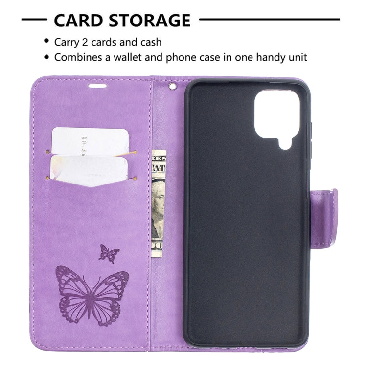 For Samsung Galaxy A12 Two Butterflies Embossing Pattern Horizontal Flip Leather Case with Holder & Card Slot & Wallet & Lanyard(Purple) by buy2fix