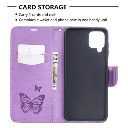 For Samsung Galaxy A12 Two Butterflies Embossing Pattern Horizontal Flip Leather Case with Holder & Card Slot & Wallet & Lanyard(Purple) by buy2fix