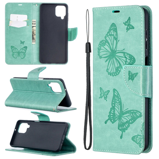 For Samsung Galaxy A12 Two Butterflies Embossing Pattern Horizontal Flip Leather Case with Holder & Card Slot & Wallet & Lanyard(Green) by buy2fix