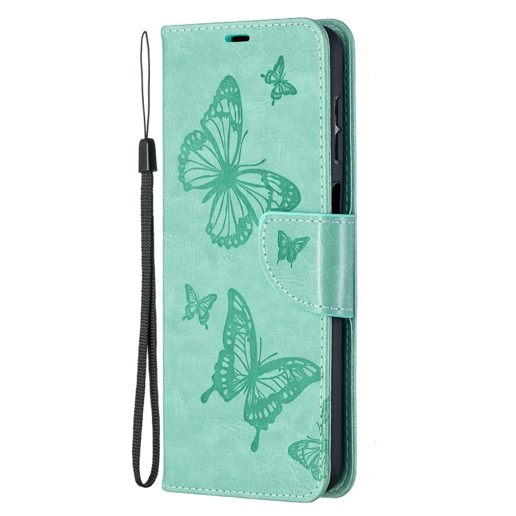 For Samsung Galaxy A12 Two Butterflies Embossing Pattern Horizontal Flip Leather Case with Holder & Card Slot & Wallet & Lanyard(Green) by buy2fix