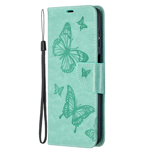 For Samsung Galaxy A12 Two Butterflies Embossing Pattern Horizontal Flip Leather Case with Holder & Card Slot & Wallet & Lanyard(Green) by buy2fix