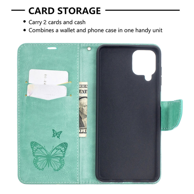 For Samsung Galaxy A12 Two Butterflies Embossing Pattern Horizontal Flip Leather Case with Holder & Card Slot & Wallet & Lanyard(Green) by buy2fix