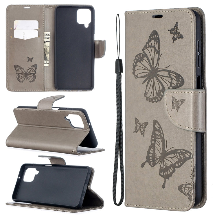 For Samsung Galaxy A12 Two Butterflies Embossing Pattern Horizontal Flip Leather Case with Holder & Card Slot & Wallet & Lanyard(Grey) by buy2fix