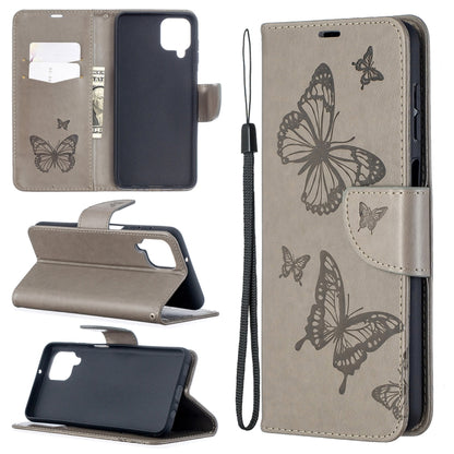 For Samsung Galaxy A12 Two Butterflies Embossing Pattern Horizontal Flip Leather Case with Holder & Card Slot & Wallet & Lanyard(Grey) by buy2fix