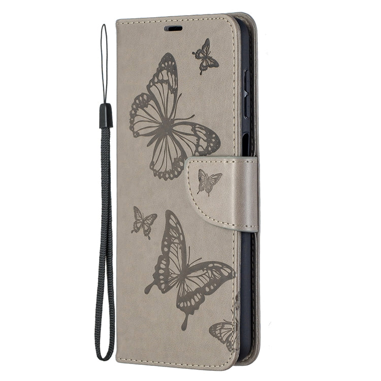 For Samsung Galaxy A12 Two Butterflies Embossing Pattern Horizontal Flip Leather Case with Holder & Card Slot & Wallet & Lanyard(Grey) by buy2fix