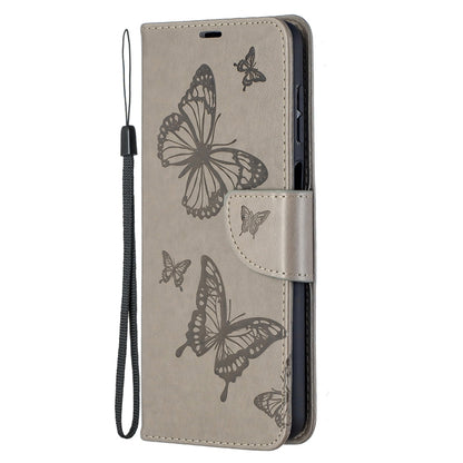For Samsung Galaxy A12 Two Butterflies Embossing Pattern Horizontal Flip Leather Case with Holder & Card Slot & Wallet & Lanyard(Grey) by buy2fix