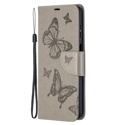 For Samsung Galaxy A12 Two Butterflies Embossing Pattern Horizontal Flip Leather Case with Holder & Card Slot & Wallet & Lanyard(Grey) by buy2fix