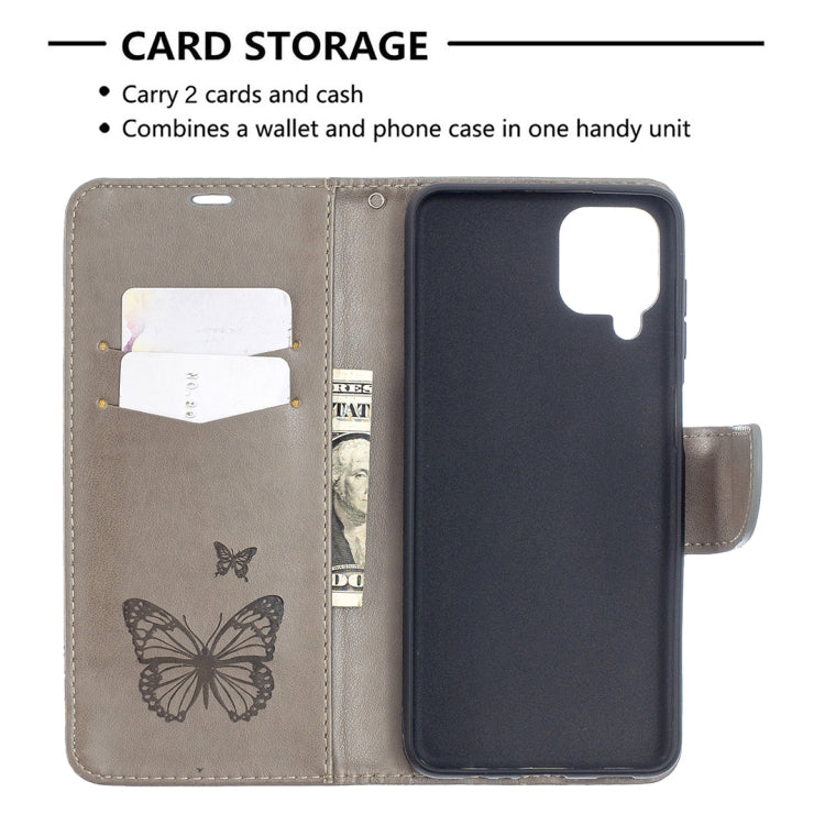 For Samsung Galaxy A12 Two Butterflies Embossing Pattern Horizontal Flip Leather Case with Holder & Card Slot & Wallet & Lanyard(Grey) by buy2fix