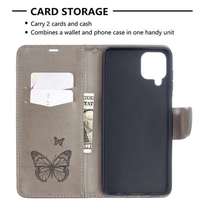 For Samsung Galaxy A12 Two Butterflies Embossing Pattern Horizontal Flip Leather Case with Holder & Card Slot & Wallet & Lanyard(Grey) by buy2fix