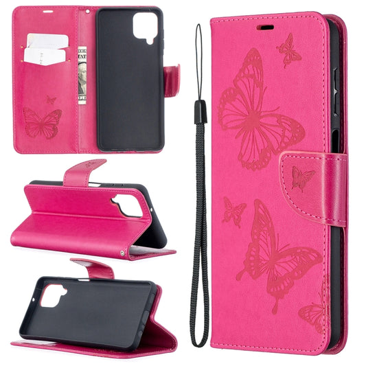 For Samsung Galaxy A12 Two Butterflies Embossing Pattern Horizontal Flip Leather Case with Holder & Card Slot & Wallet & Lanyard(Rose Red) by buy2fix
