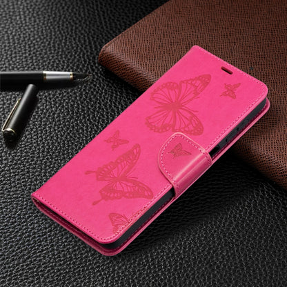 For Samsung Galaxy A12 Two Butterflies Embossing Pattern Horizontal Flip Leather Case with Holder & Card Slot & Wallet & Lanyard(Rose Red) by buy2fix
