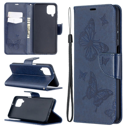 For Samsung Galaxy A12 Two Butterflies Embossing Pattern Horizontal Flip Leather Case with Holder & Card Slot & Wallet & Lanyard(Dark Blue) by buy2fix