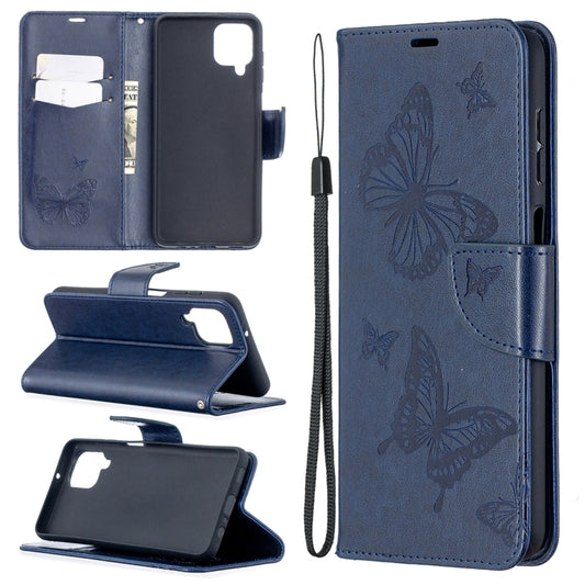 For Samsung Galaxy A12 Two Butterflies Embossing Pattern Horizontal Flip Leather Case with Holder & Card Slot & Wallet & Lanyard(Dark Blue) by buy2fix