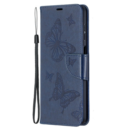 For Samsung Galaxy A12 Two Butterflies Embossing Pattern Horizontal Flip Leather Case with Holder & Card Slot & Wallet & Lanyard(Dark Blue) by buy2fix