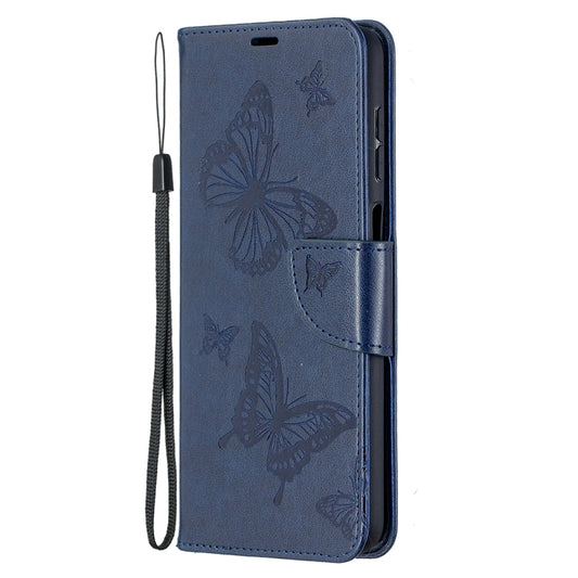 For Samsung Galaxy A12 Two Butterflies Embossing Pattern Horizontal Flip Leather Case with Holder & Card Slot & Wallet & Lanyard(Dark Blue) by buy2fix