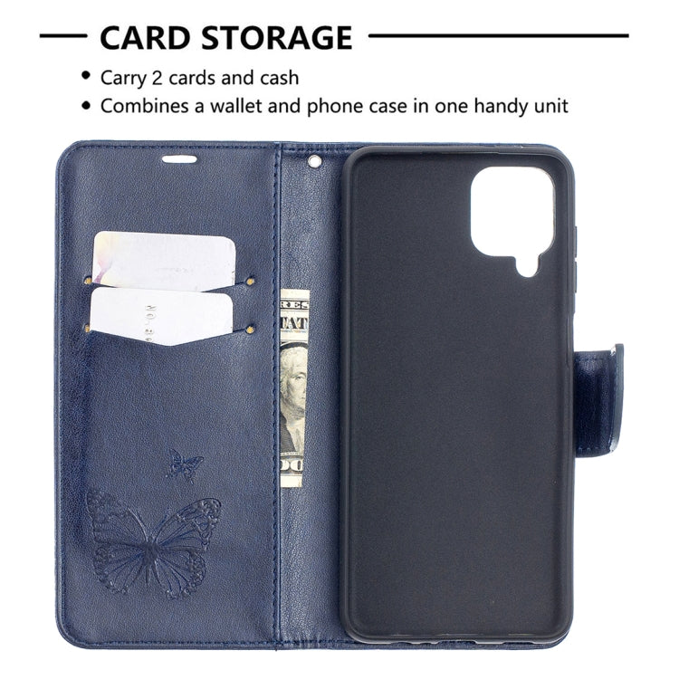 For Samsung Galaxy A12 Two Butterflies Embossing Pattern Horizontal Flip Leather Case with Holder & Card Slot & Wallet & Lanyard(Dark Blue) by buy2fix