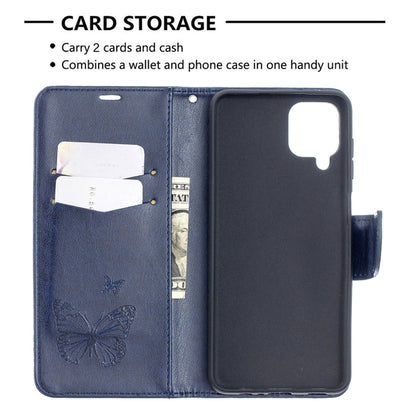 For Samsung Galaxy A12 Two Butterflies Embossing Pattern Horizontal Flip Leather Case with Holder & Card Slot & Wallet & Lanyard(Dark Blue) by buy2fix