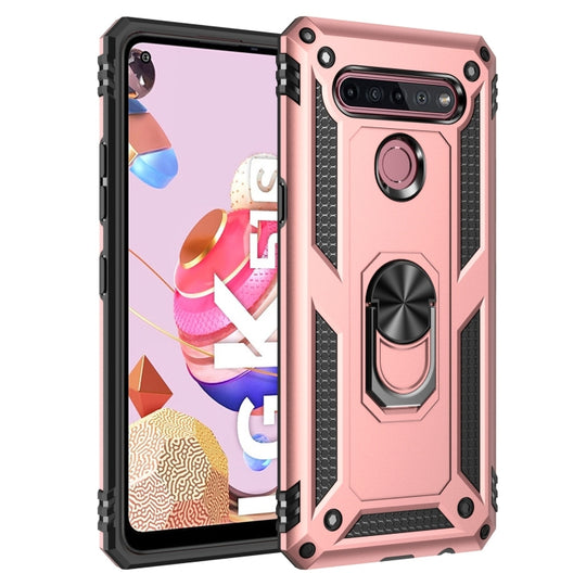 For LG K51S Shockproof TPU + PC Protective Case with 360 Degree Rotating Holder(Rose Gold)