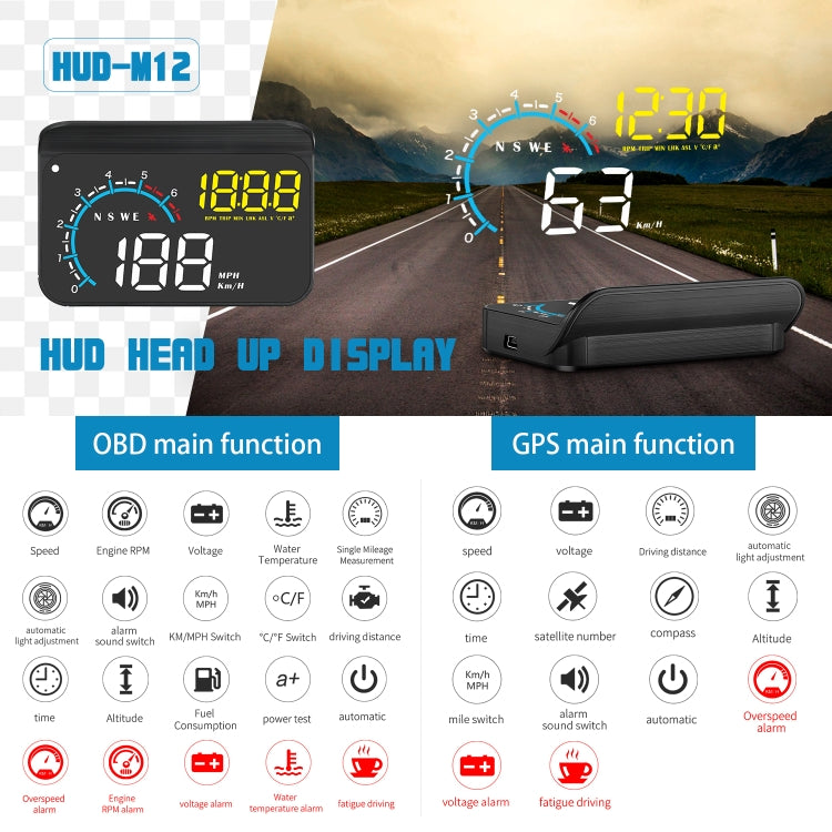 M12 OBD2 + GPS Mode Car Head-up Display HUD Overspeed / Speed / Water Temperature / Low Voltage / Fault Alarm by buy2fix