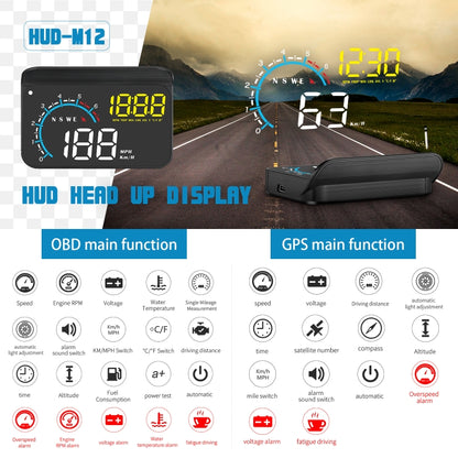 M12 OBD2 + GPS Mode Car Head-up Display HUD Overspeed / Speed / Water Temperature / Low Voltage / Fault Alarm by buy2fix