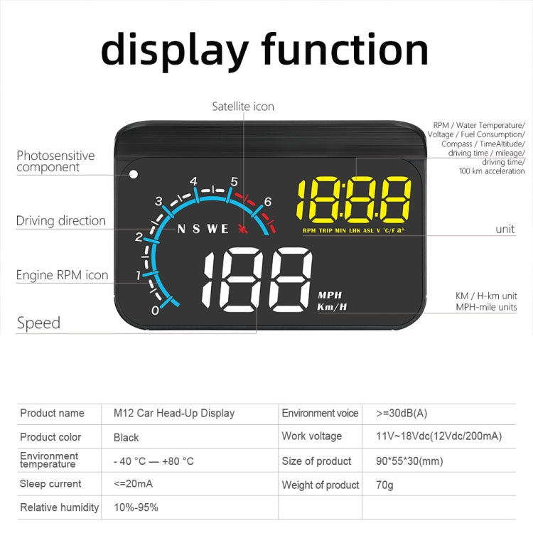 M12 OBD2 + GPS Mode Car Head-up Display HUD Overspeed / Speed / Water Temperature / Low Voltage / Fault Alarm by buy2fix