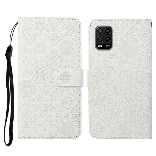 For Xiaomi Mi 10 Lite 5G Ethnic Style Embossed Pattern Horizontal Flip Leather Case with Holder & Card Slots & Wallet & Lanyard(White)