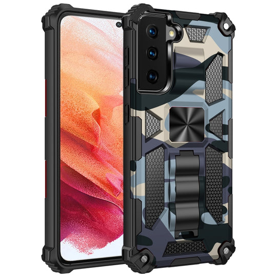 For Samsung Galaxy S21 5G Camouflage Armor Shockproof TPU + PC Magnetic Protective Case with Holder(Baby Blue)