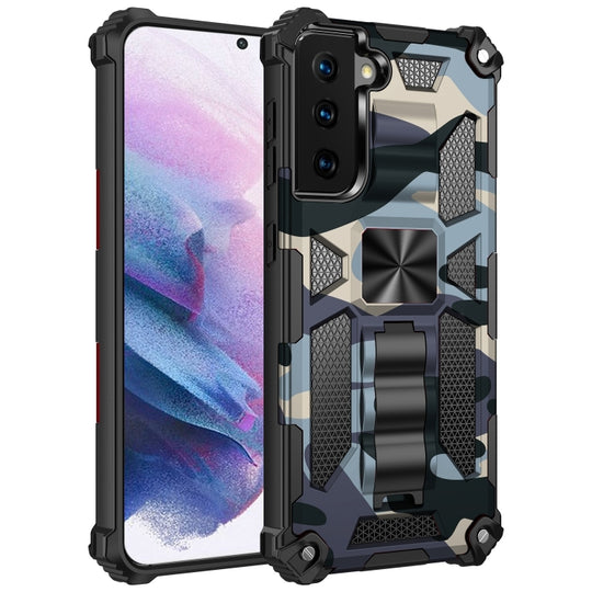 For Samsung Galaxy S21+ 5G Camouflage Armor Shockproof TPU + PC Magnetic Protective Case with Holder(Baby Blue)