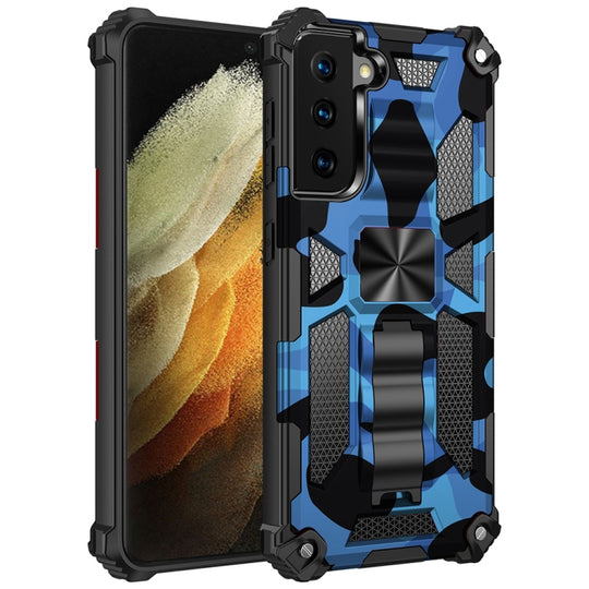For Samsung Galaxy S21 Ultra 5G Camouflage Armor Shockproof TPU + PC Magnetic Protective Case with Holder(Dark Blue)