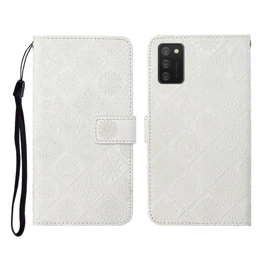 For Samsung Galaxy A02s (US Version) Ethnic Style Embossed Pattern Horizontal Flip Leather Case with Holder & Card Slots & Wallet & Lanyard(White) by buy2fix