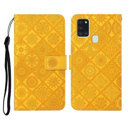 For Samsung Galaxy A21s Ethnic Style Embossed Pattern Horizontal Flip Leather Case with Holder & Card Slots & Wallet & Lanyard(Yellow) by buy2fix