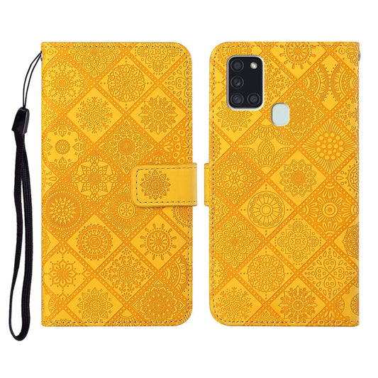 For Samsung Galaxy A21s Ethnic Style Embossed Pattern Horizontal Flip Leather Case with Holder & Card Slots & Wallet & Lanyard(Yellow) by buy2fix