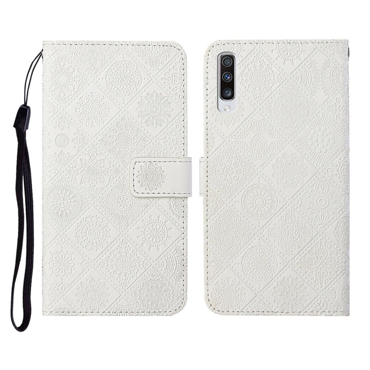 For Samsung Galaxy A70 Ethnic Style Embossed Pattern Horizontal Flip Leather Case with Holder & Card Slots & Wallet & Lanyard(White) by buy2fix