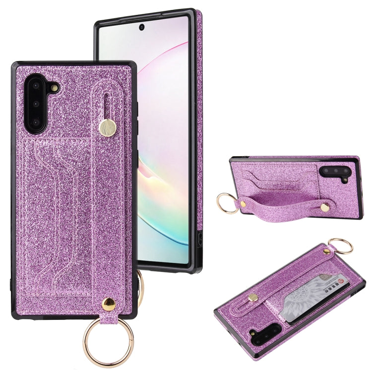 For Samsung Galaxy Note 10 Glitter Powder PU+TPU Shockproof Protective Case with Holder & Card Slots & Wrist Strap(Purple) by buy2fix