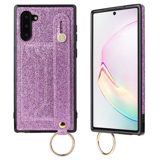For Samsung Galaxy Note 10 Glitter Powder PU+TPU Shockproof Protective Case with Holder & Card Slots & Wrist Strap(Purple) by buy2fix