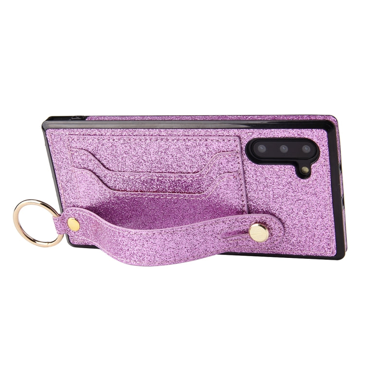 For Samsung Galaxy Note 10 Glitter Powder PU+TPU Shockproof Protective Case with Holder & Card Slots & Wrist Strap(Purple) by buy2fix
