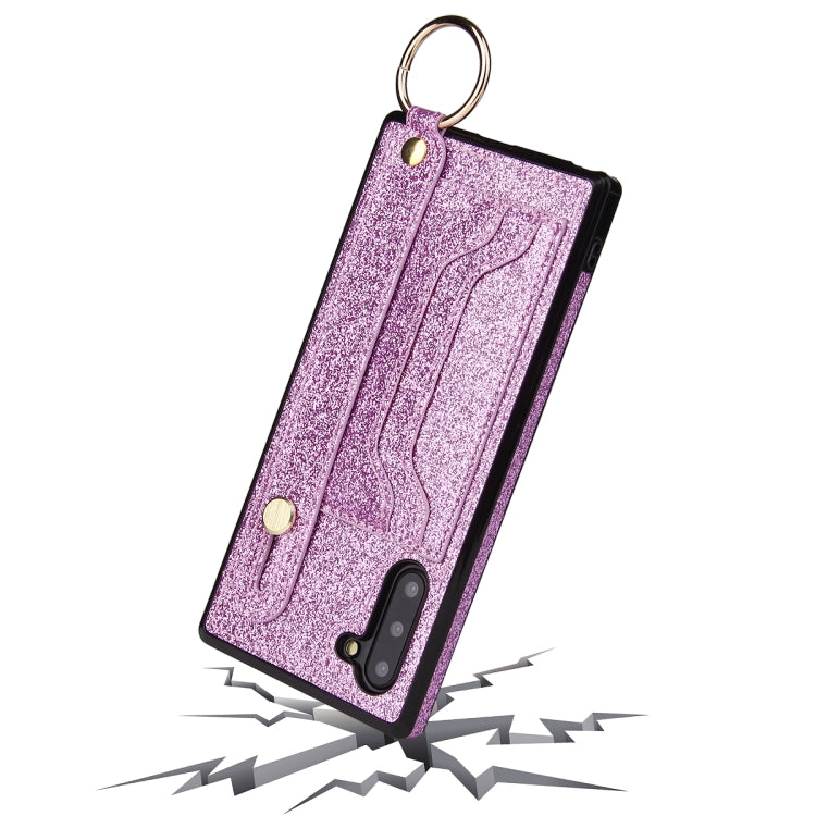 For Samsung Galaxy Note 10 Glitter Powder PU+TPU Shockproof Protective Case with Holder & Card Slots & Wrist Strap(Purple) by buy2fix
