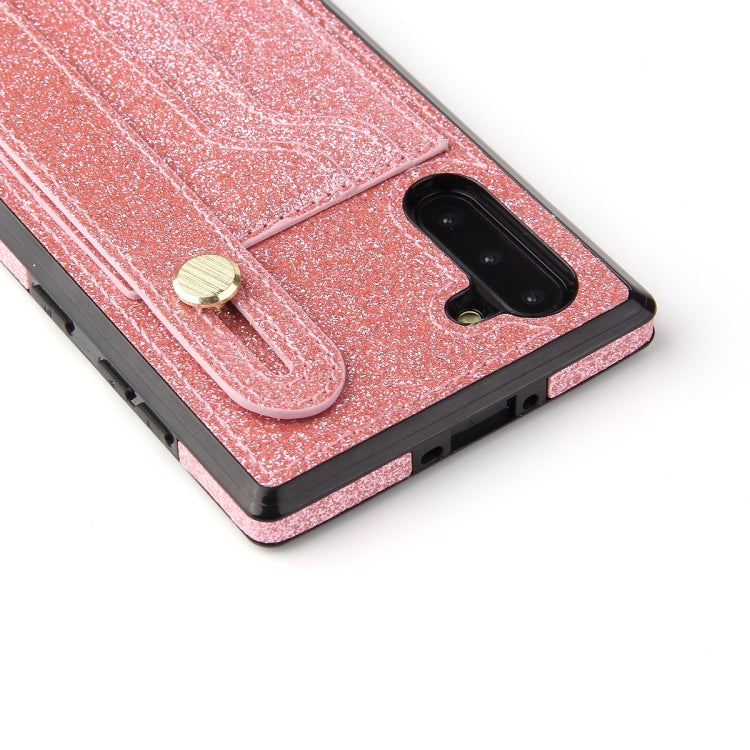 For Samsung Galaxy Note 10 Glitter Powder PU+TPU Shockproof Protective Case with Holder & Card Slots & Wrist Strap(Purple) by buy2fix