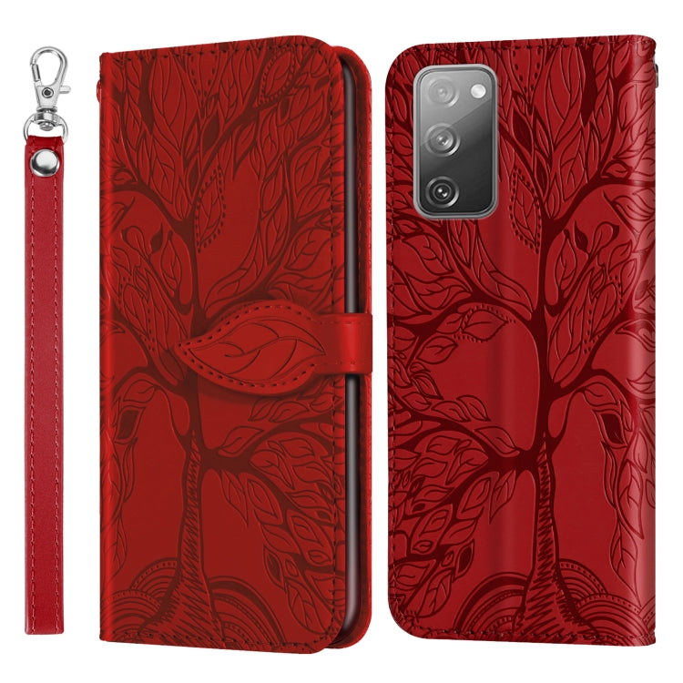 For Samsung Galaxy S20 FE Life of Tree Embossing Pattern Horizontal Flip Leather Case with Holder & Card Slot & Wallet & Photo Frame & Lanyard(Red) by buy2fix