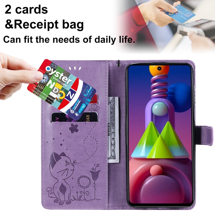 For Samsung Galaxy M51 Cat Bee Embossing Pattern Shockproof Horizontal Flip Leather Case with Holder & Card Slots & Wallet(Purple) by buy2fix