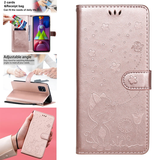 For Samsung Galaxy M51 Cat Bee Embossing Pattern Shockproof Horizontal Flip Leather Case with Holder & Card Slots & Wallet(Rose Gold) by buy2fix