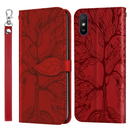 For Xiaomi Redmi 9A Life of Tree Embossing Pattern Horizontal Flip Leather Case with Holder & Card Slot & Wallet & Photo Frame & Lanyard(Red)