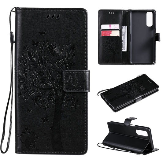 For OPPO Realme 7 Tree & Cat Pattern Pressed Printing Horizontal Flip PU Leather Case with Holder & Card Slots & Wallet & Lanyard(Black) - Realme Cases by buy2fix | Online Shopping UK | buy2fix